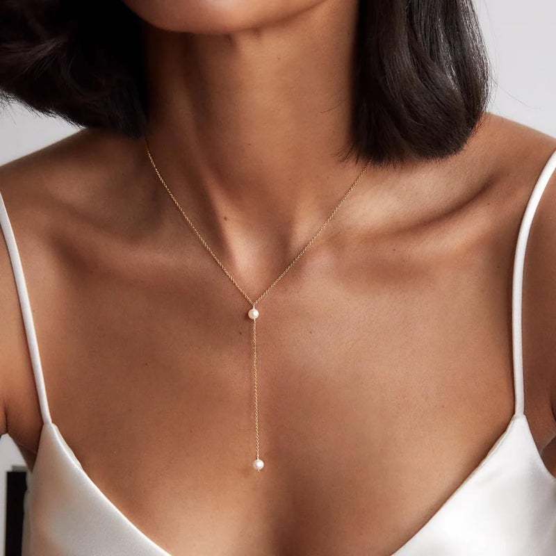PRTGL Store Pearl Necklace: 14K Gold-Plated/White Gold-plated Pearl Necklace for Women 16.5” + 2” - Image 2